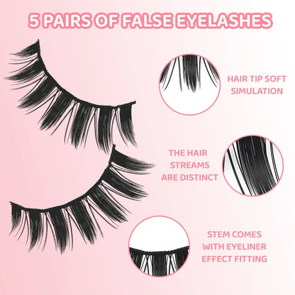 DINGSEN 5 Pairs Manga Style False Eyelashes — Soft, Natural, Long Anime Wispy Strip Lashes for Makeup