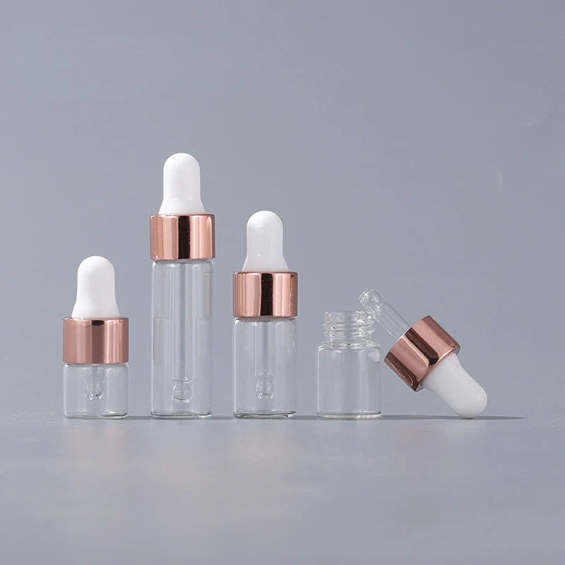 Mini Dropper Bottles - 10/20pcs Glass Empty Essential Oil Aromatherapy Bottles with Rose Gold Caps - Includes Pipettes - Various Sizes (1ml, 2ml, 3ml, 5ml)