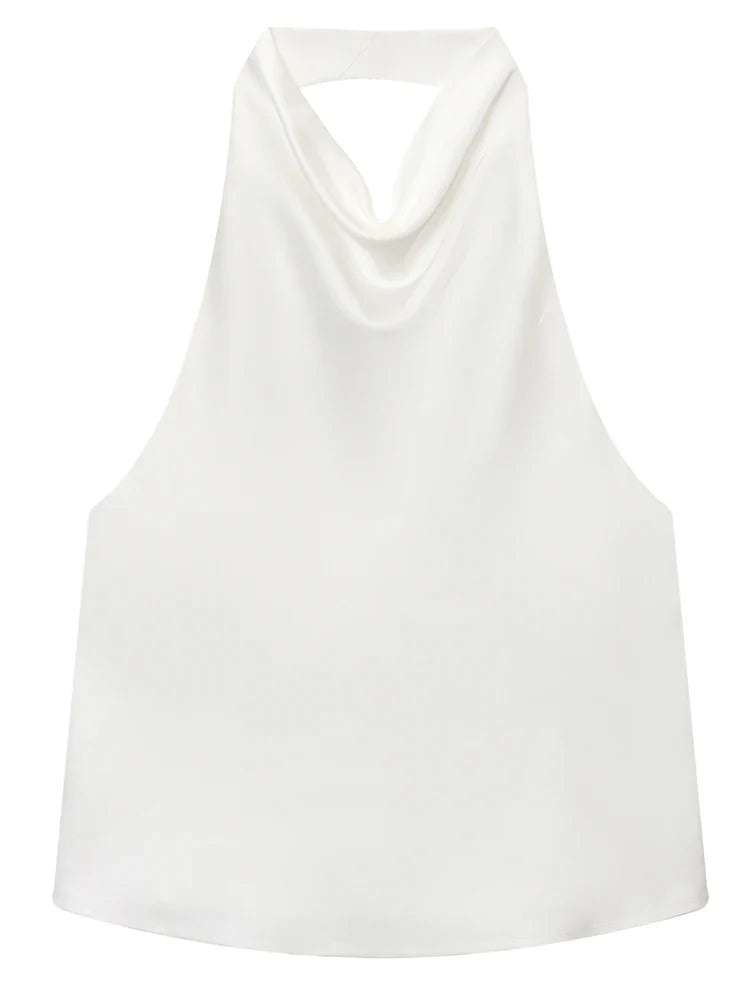 Women's Satin Halter Corset Top – Backless Elegant Sexy Summer Tank Vest in Yellow Pink Black
