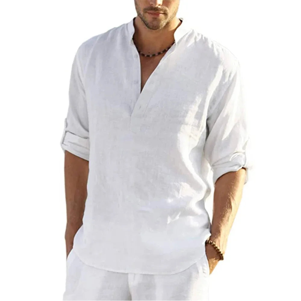 Men’s Cotton Linen Long Sleeve Casual Shirt Loose Fit Breathable Spring Autumn Buttonless Blouse Style Top Fashion Tee S-3XL