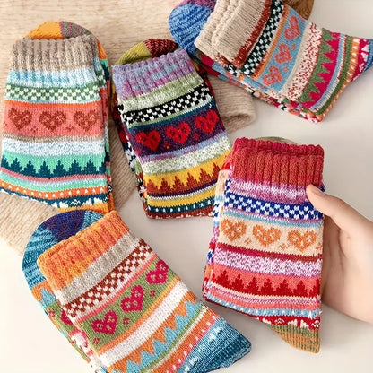 5 Pairs Women’s Thick Warm Socks – Soft Comfortable Autumn Winter Calf Socks, Retro Ethnic Style