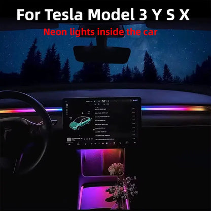 2-in-1 Dynamic Neon RGB Car LED Ambient Lighting – Auto OFF 60s Module for Tesla Model 3 & Y Dashboard Decoration