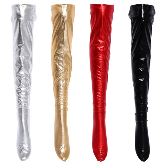 Hot Fashion Alert: Women's Faux Leather Over Knee Socks - Casual Long Overknee Pantyhose in Black, Red, Silver, and Gold - Trendy Thigh-High Socks