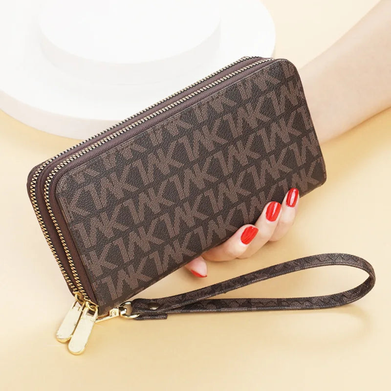Women’s Double Zipper Long Wallet – Fashion Wristlet Clutch with Phone Holder & Card Slots, Big Letter Design