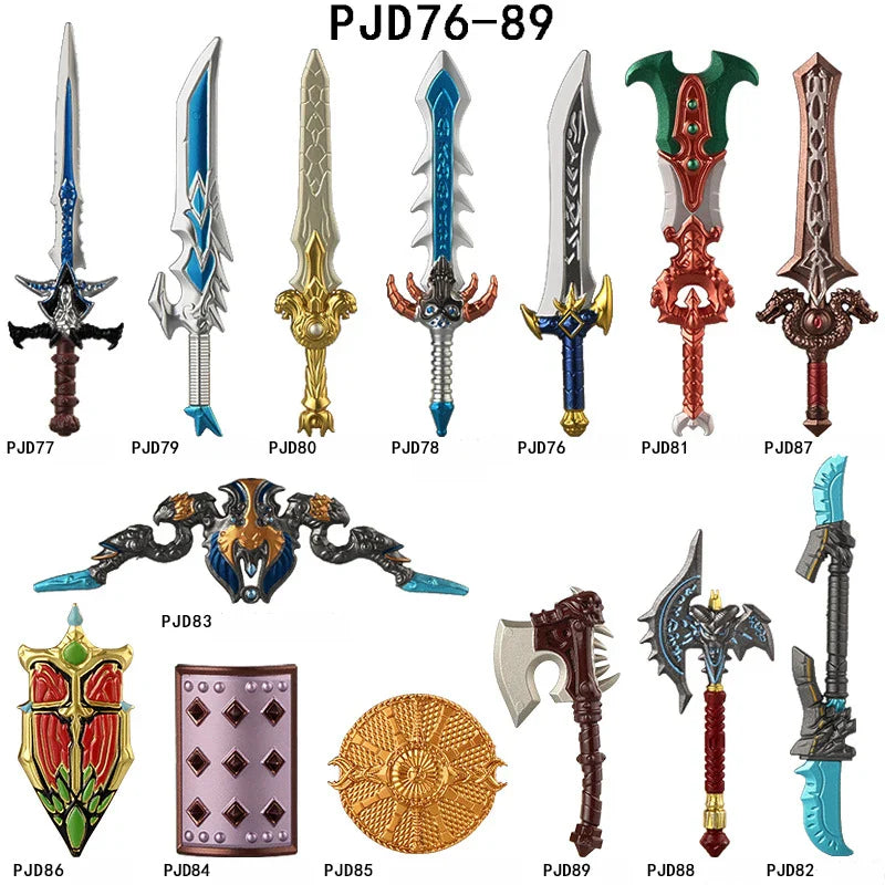 Medieval Figure Weapons Building Blocks Kit – King Sword, Lion Shield, Trident & Double-Edged Axe Battle Toy