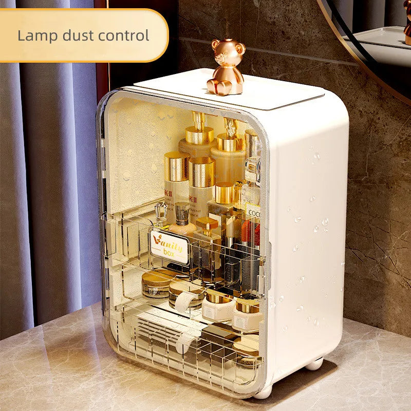 Light Luxury LED Mirror Cosmetics Storage Box - Dust Belt Drawer Skincare Organizer with Large Capacity for Vanity Table Home Storage
