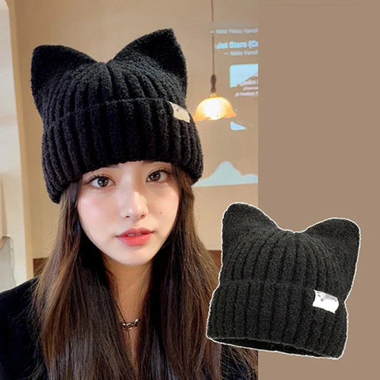 Cute Cat Ears Beanie for Women – Warm Autumn Winter Knitted Hat, Sweet Ear Protection Pullover
