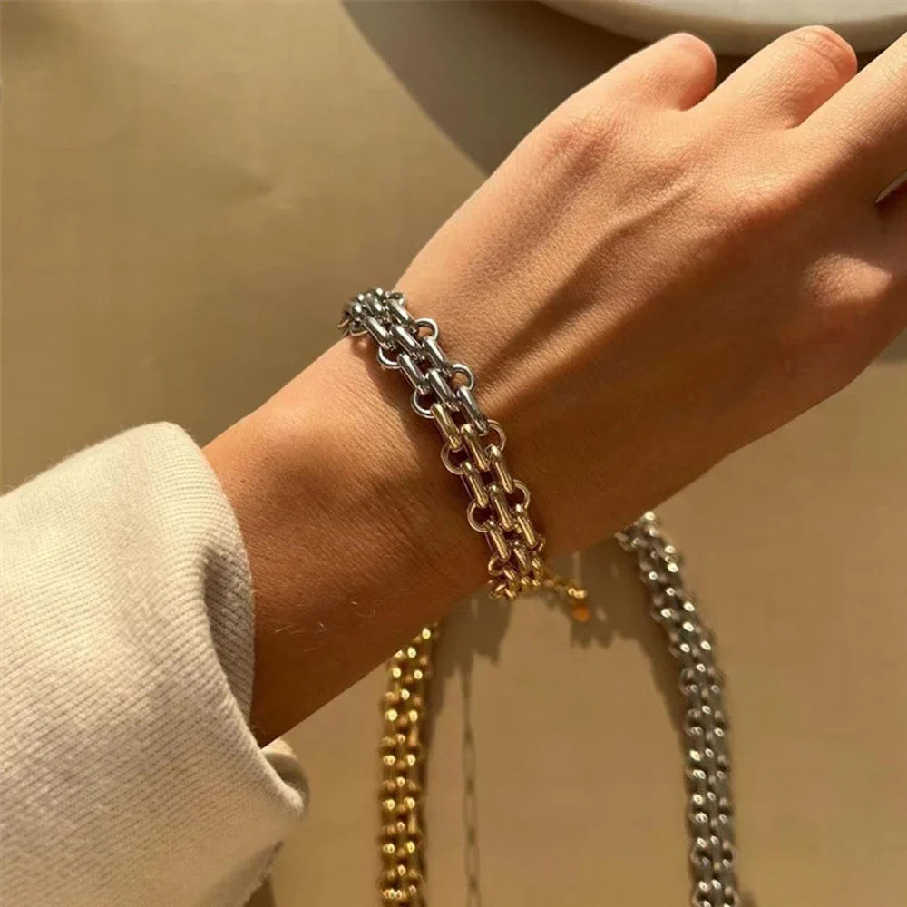 Women’s Punk Chunky Two-Tone Chain Bracelet – Gold & Silver Wide Link Statement Jewelry with Toggle Clasp