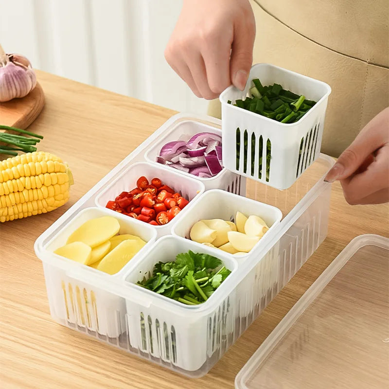Refrigerator Storage Box – 4/6 Grid Clear Crisper for Fruits, Vegetables & Meat