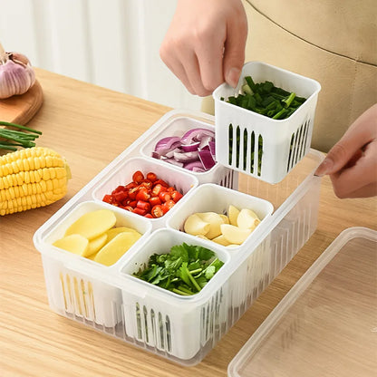 Refrigerator Storage Box – 4/6 Grid Clear Crisper for Fruits, Vegetables & Meat