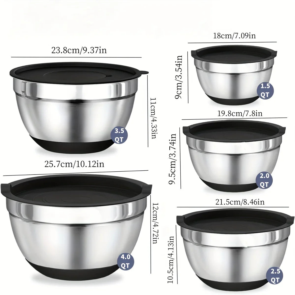 8PCS Stainless Steel Mixing Bowl Set – Airtight Lids, Non-Slip Bottoms, Black Kitchen Bowls for Baking & Serving