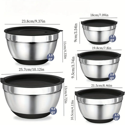 8PCS Stainless Steel Mixing Bowl Set – Airtight Lids, Non-Slip Bottoms, Black Kitchen Bowls for Baking & Serving