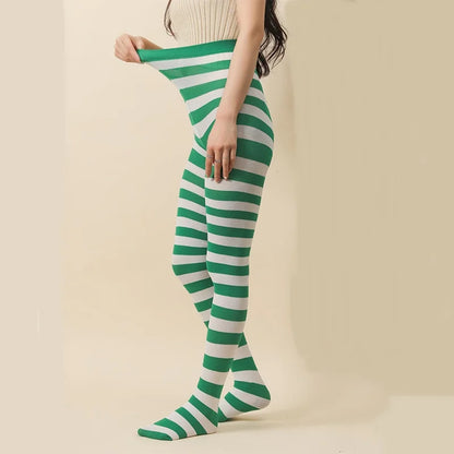 Goth Punk Women’s Rainbow Striped Pantyhose – High Waist Slim Leggings for Halloween Christmas Cosplay