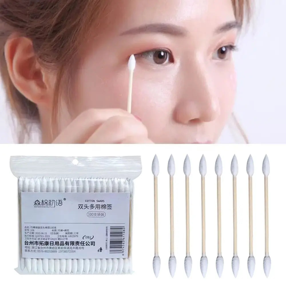 100Pcs Natural Cotton Double-Pointed Cotton Buds - Precision Tips for Cleaning Narrow Areas, Bamboo Disposable Sticks