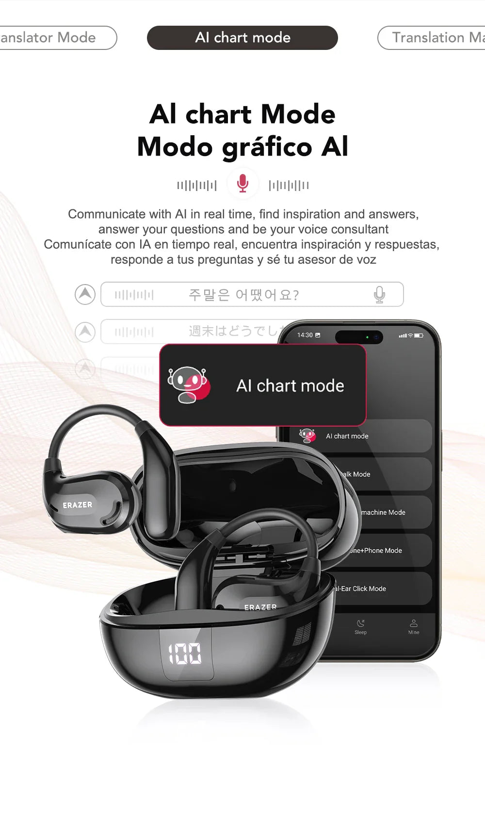 ERAZER XT66PRO Bluetooth Earphones – ASMR Headsets, DIY App, AI Translator, Wireless Earbuds with 13-Hour Battery Life & Display