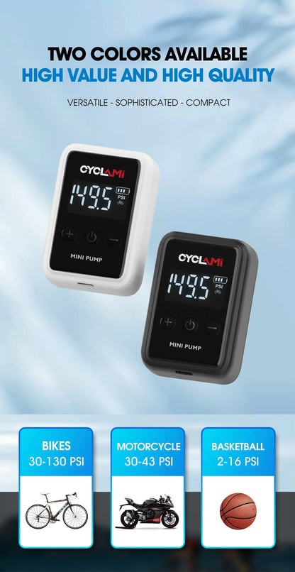CYCLAMI HW125 150PSI Portable Electric Bike Air Pump – Rechargeable Mini Tire Inflator for Schrader & Presta Valves