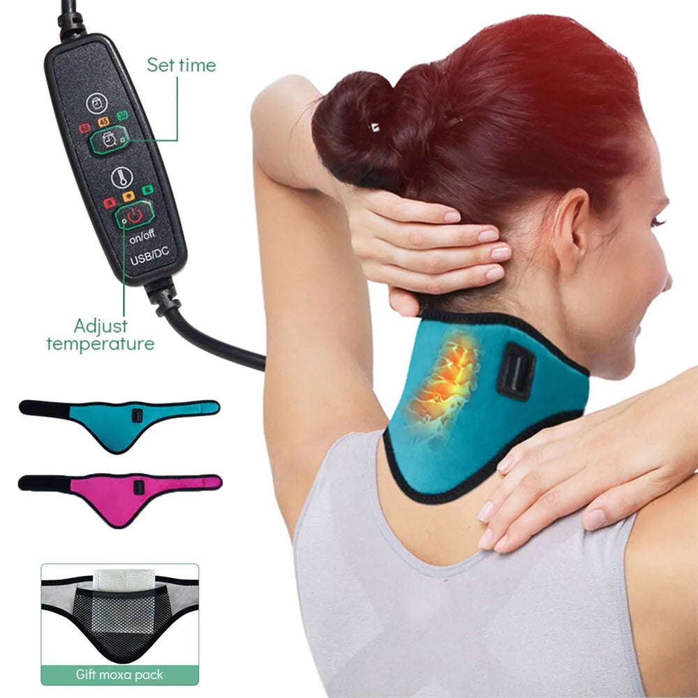 USB Electric Heating Neck Brace - Three Temperature Adjustable - Therapy for Cervical Vertebra Fatigue - Neck Pain Relief & Massage Strap