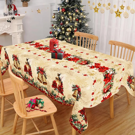 Vintage Christmas Tablecloth – Poinsettia & Bell Tablecover for Home Dining, 2025 Navidad Decorations & Gifts