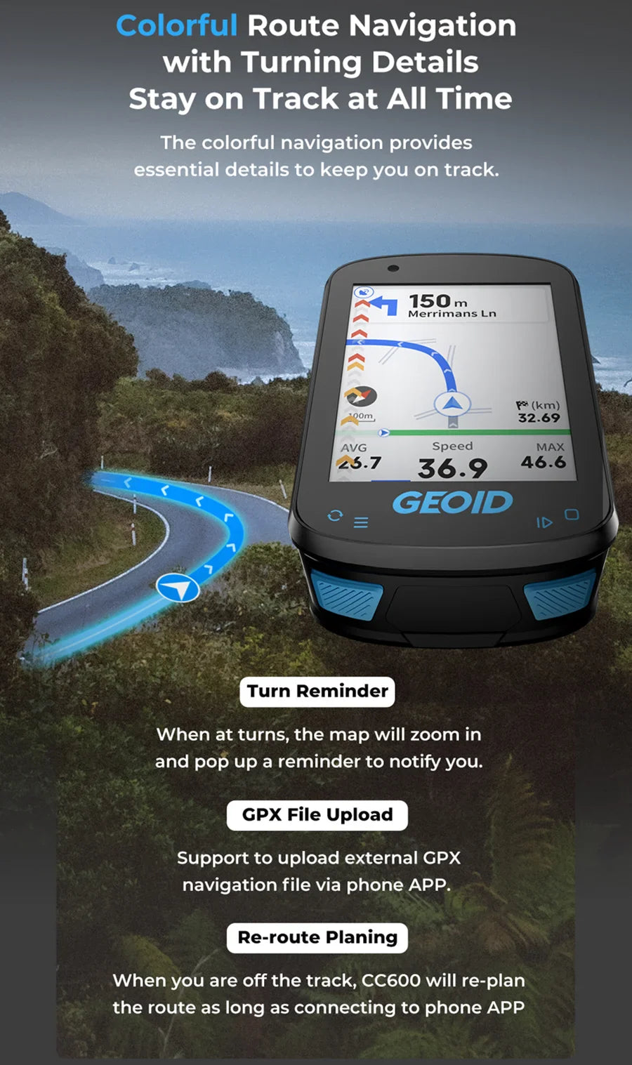 GPS Navigation Bike Computer - Colorful Screen Geoid CC600, Wireless Speedometer, GPX, Wifi Cycling Odometer, ANT+ Indoor Power