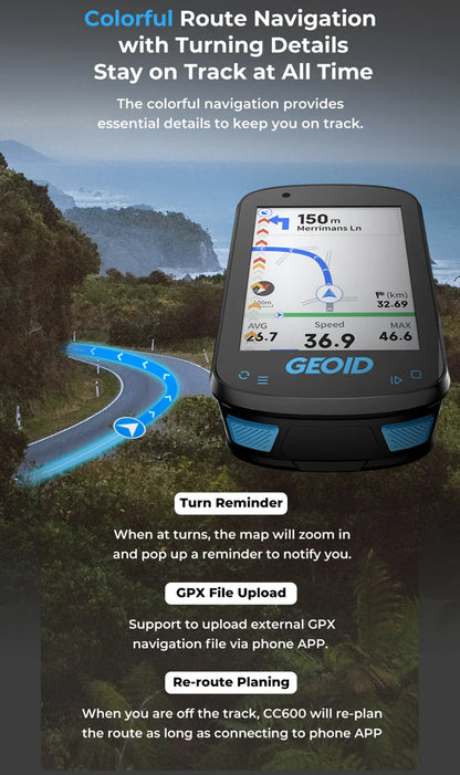 GPS Navigation Bike Computer - Colorful Screen Geoid CC600, Wireless Speedometer, GPX, Wifi Cycling Odometer, ANT+ Indoor Power