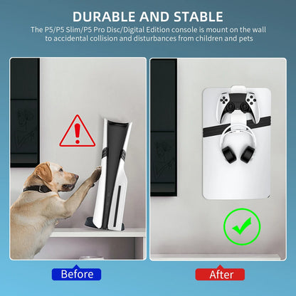 Steel Wall Mount Bracket for PS5 Slim – Stable Metal Wall Stand with Controller & Headphone Holder P5227