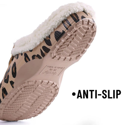 Bebealy Casual Women’s Garden Shoes & Warm Fluffy Men’s Waterproof Winter Slippers – Outdoor Antiskid Classic Leopard Design