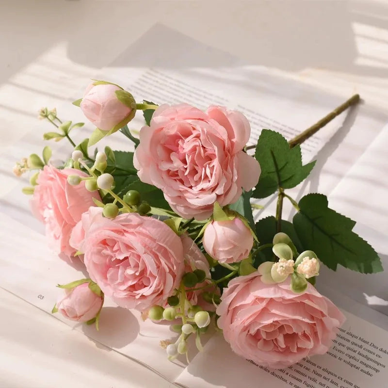 30cm Rose Pink Peony Silk Bouquet Artificial Flower, 5 Big Heads & 4 Small Buds for Wedding & Home Decor