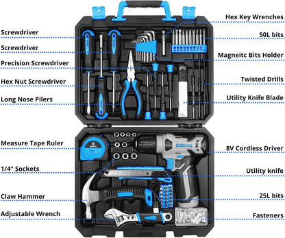 DEKO 126-Piece Drill Set – 8V Blue Cordless Drill & Hand Tool Kit for Home, Ideal for Women