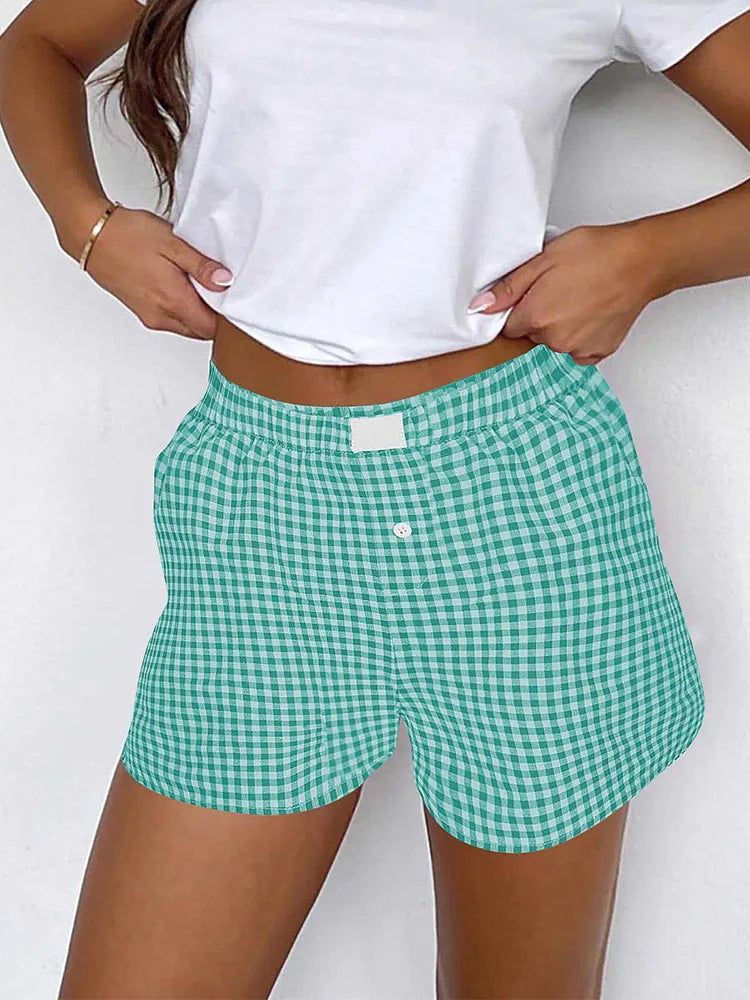 Women’s Teen Girls Elastic Waist Pull-On Red & Blue Plaid Casual Lounge Summer Shorts