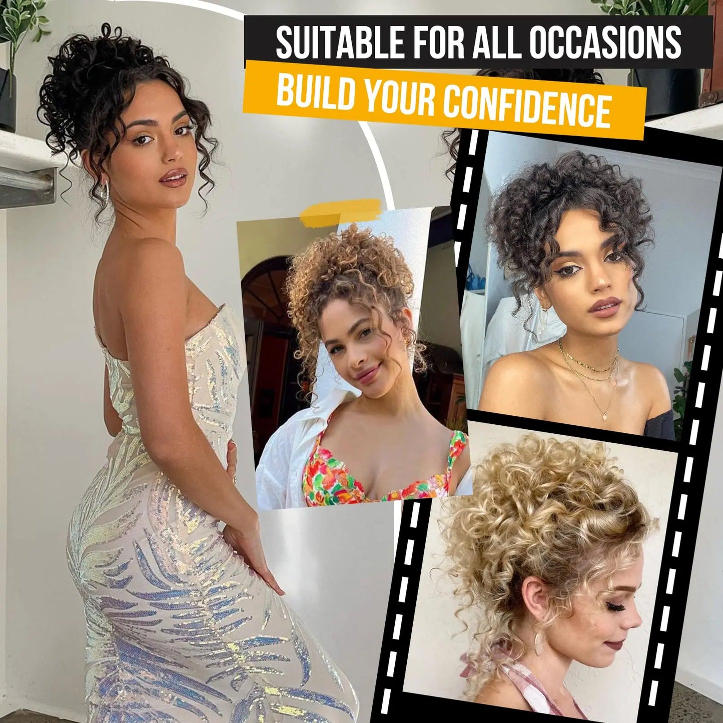 Synthetic Messy Bun Hair Piece – 60g Elastic Drawstring Curly Wave Hair Bun Extension for Women (Dark Brown)