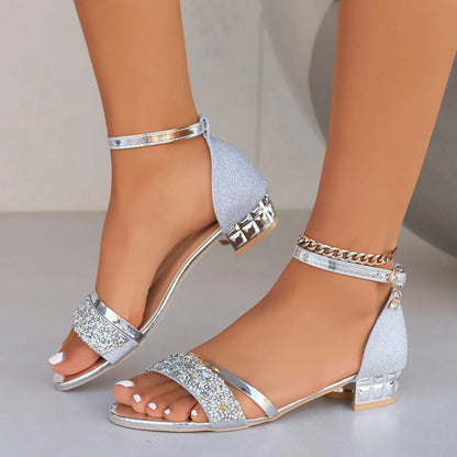 2024 Women’s Gold & Silver Low Heel Sandals – Open Toe Casual Summer Fashion Shoes