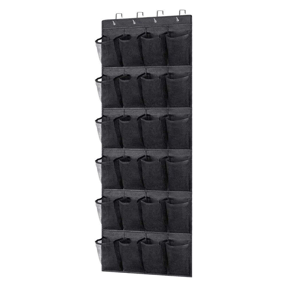 24-Pocket Clear-View Hanging Shoe Organizer with 4 Metal Hooks — Over-the-Door Wall Storage Bag