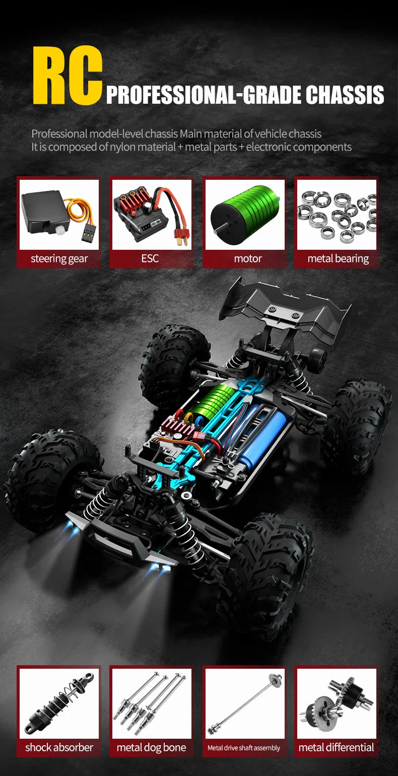 RC Off-Road 4x4 Brushless Car – 70KM/H High-Speed 1/16 4WD Monster Truck with LED Lights for Kids