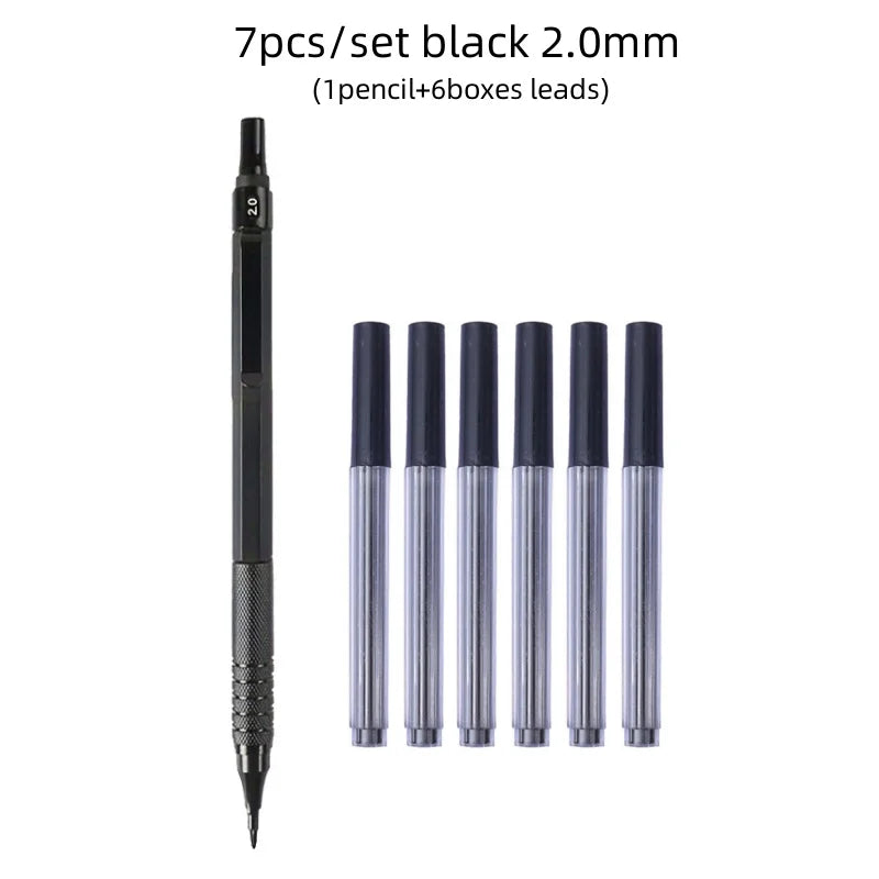 Low Center of Gravity Metal Mechanical Pencil Set – 0.3–2.0mm Lead Refills for Art, Sketching, Painting, and Writing