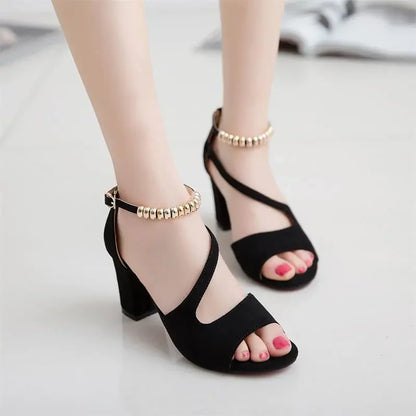 Women’s Spring Summer Sexy Fish Mouth Roman Sandals – Hollow Beaded High Heel Thick Sole Summer Shoes