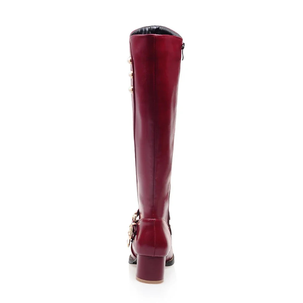 Women's Knee High Riding Boots - Winter Glamour Brown Red Chunky Heel Fashion Boots Plus Size Footwear