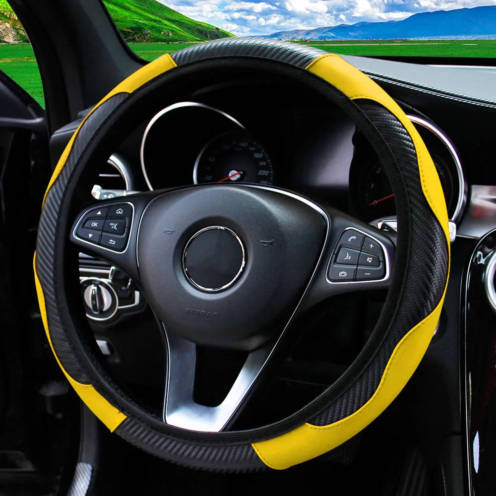 PU Carbon Fiber Leather Steering Wheel Cover — No Inner Ring, Fits 14.5-15 Inch Cars