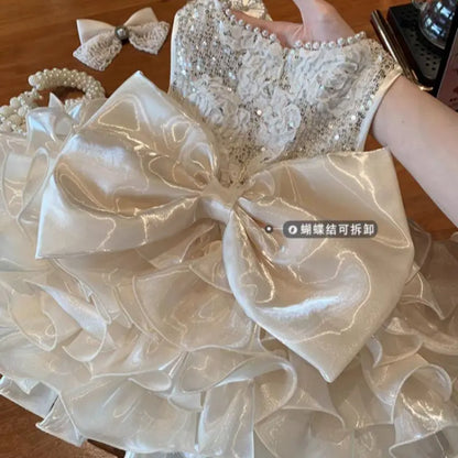 Kids Princess Party Dress - Beaded Sequin Floral Hem Birthday Costume Dress