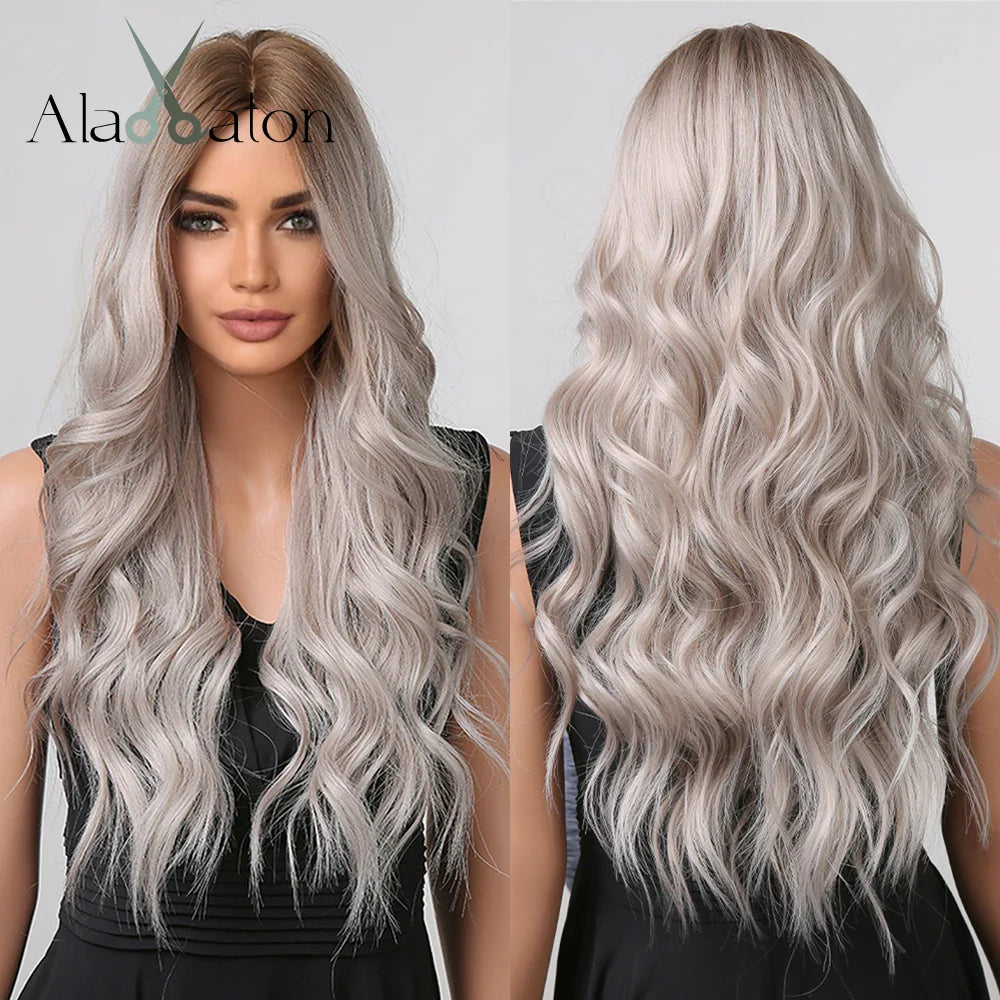 ALAN EATON Black Long Wavy Synthetic Wig – Natural Afro Hair, Middle Part, Heat-Resistant Fiber for Daily Use