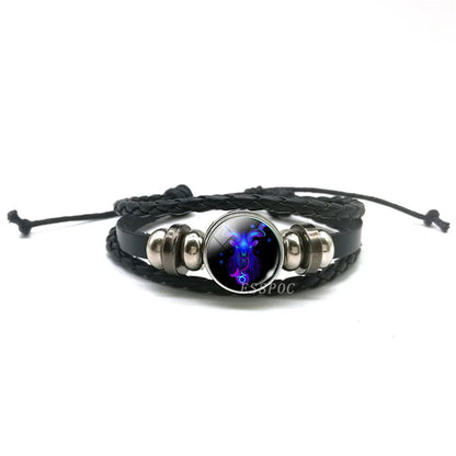 New Men's 12 Constellation Black Braided Leather Bracelet – Punk Style Zodiac Sign Multilayer Wrap Bracelet for Birthday Gifts