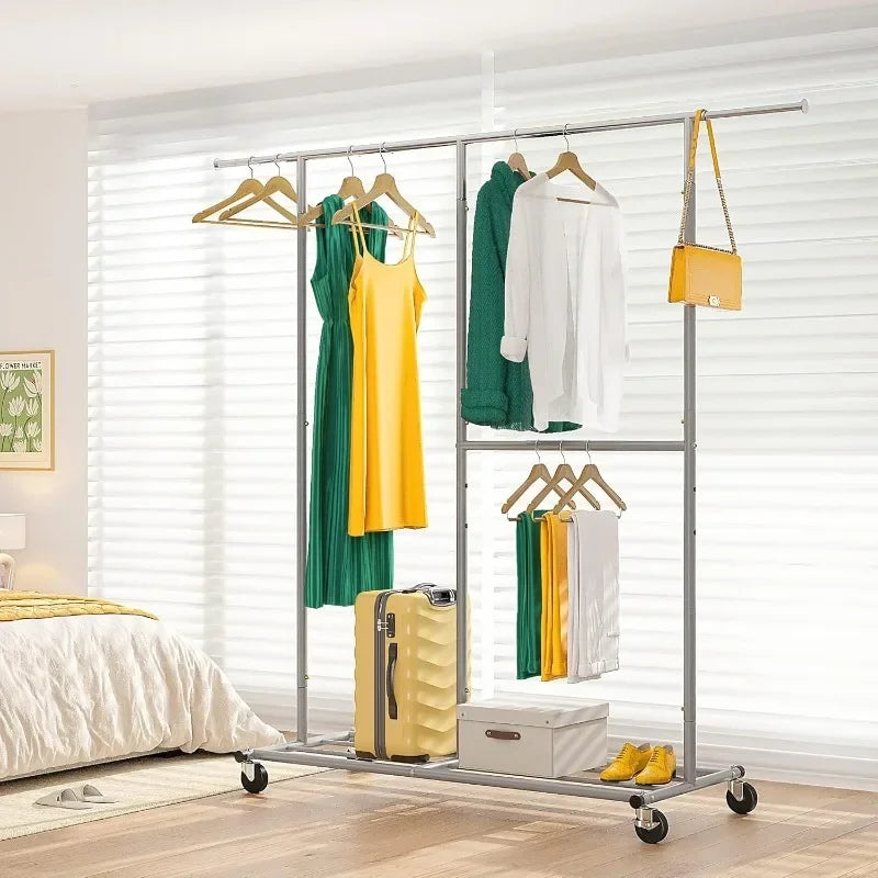 Heavy Duty Rolling Clothing Rack – Portable Clothes Hanger with Wheels for Walk-In Closets