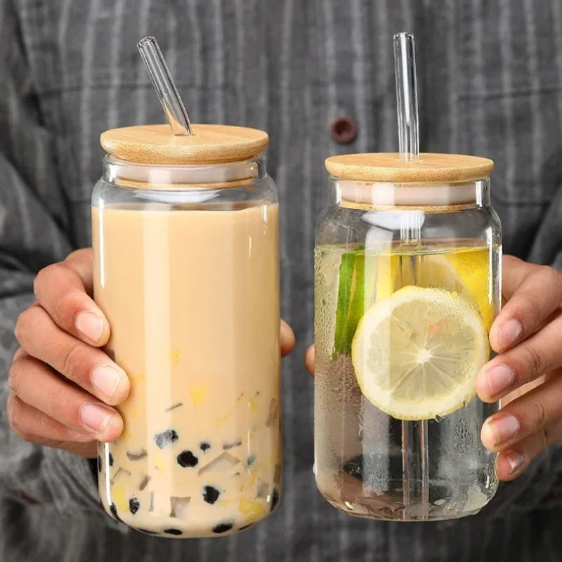 Borosilicate Glass Cup with Wooden Lid - 450ml/550ml Transparent Drink Cup with Straw for Juice & Water