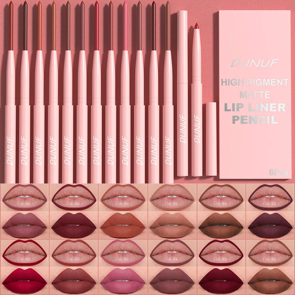 6-Piece Lip Liner Set - Long-Lasting Waterproof & Sweat-Resistant Makeup Pencils