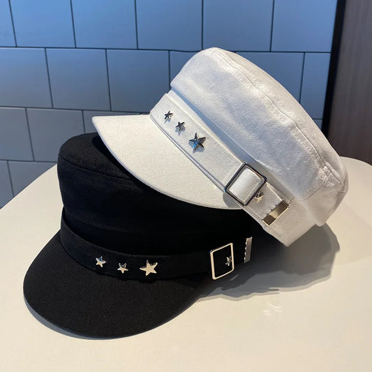 Women's Black Star Beret Hat - Spring & Autumn Military Style, British Retro Fashion, Korean Caps for Mothers