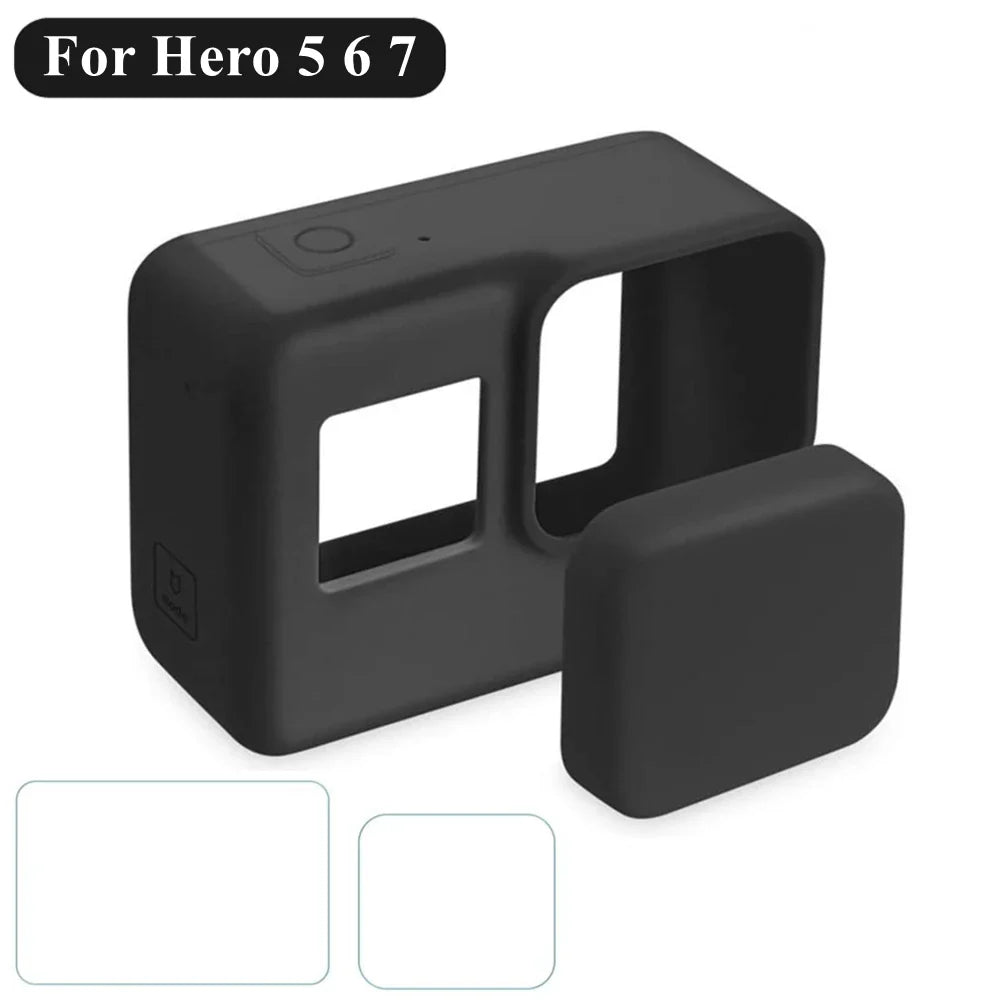 GoPro Hero 7/6/5 Silicone Case — Black with Tempered Glass Screen Protector, Lens Cap & Protective Film Accessories
