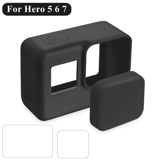 GoPro Hero 7/6/5 Silicone Case — Black with Tempered Glass Screen Protector, Lens Cap & Protective Film Accessories