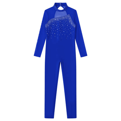 Kids Girls Long Sleeve Rhinestone Bodysuit — Full Body Dancewear Gymnastics Leotard Skating Jumpsuit