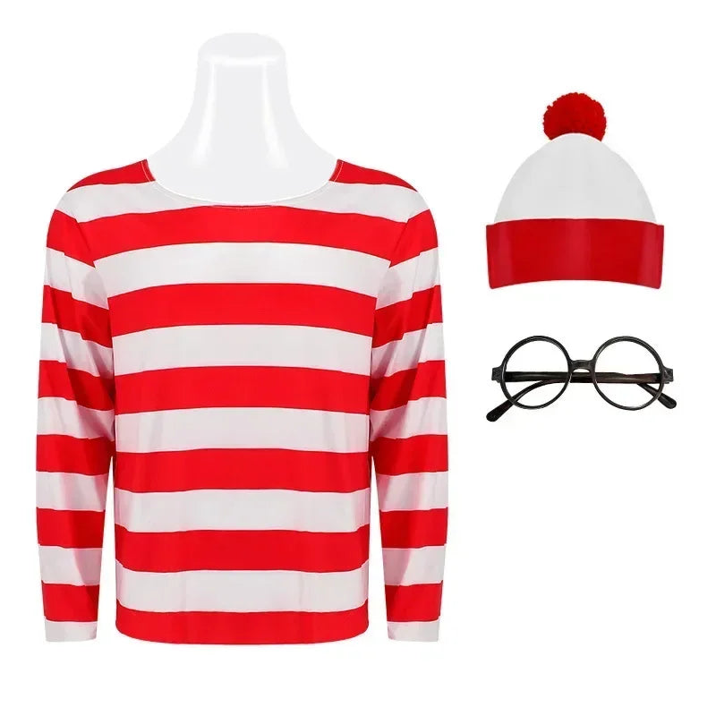 Wheres Waldo Costume Set - Striped Shirt, Glasses, Hat & Socks for Kids and Adults