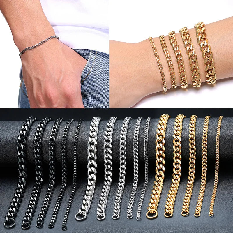 Vnox Men’s Simple Stainless Steel Curb Cuban Link Chain Bracelet – 3-11mm Width, Unisex Wrist Jewelry – Ideal Gift for Women and Men