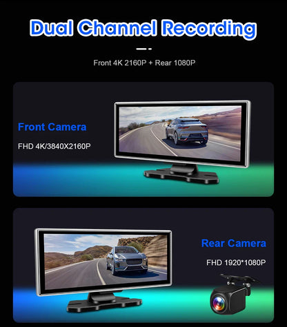 11.26" 4K Car DVR Dash Cam — Wireless CarPlay & Android Auto, Dual Lens Video Recorder with AI Screen, GPS Navigation, HD Dashboard Monitor
